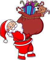 The happy santa claus is holding the big sack of the gift and candy for the children vector