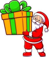 The happy santa claus is holding the big box gift for the church gift vector