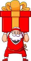 The strong santa claus is holding the big box of gift and lifting with the hand vector