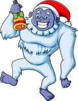 el lindo yeti grande está jugando con la campana de navidad y sonriendo con la expresión feliz vector