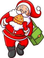 The happy santa claus is walking around while eating some pizza vector