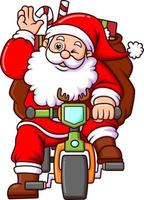 The old santa claus is riding a bicycle to deliver the gift boxes while greeting vector