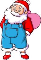 The farmer santa claus is standing and holding the big pink sack in the back vector