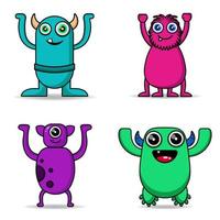 set cute monster hand raised design mascot kawaii vector