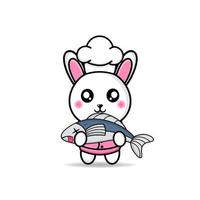 cute rabbit chef brings big fish mascot kawaii vector