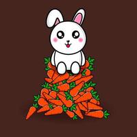 lindo conejo sentado en un montón de zanahorias diseño mascota kawaii vector