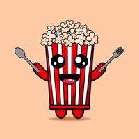 cute popcorn bring cutlery design mascot kawaii vector