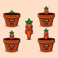 Establecer lindo diseño de zanahorias y ollas mascota kawaii vector