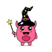 lindo monstruo mascota con un sombrero de bruja y una varita mágica kawaii vector