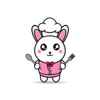 lindo conejo chef trae cubiertos mascota diseño kawaii vector