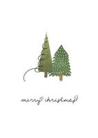 Postcard with Christmas trees. Festive card with green fir trees and merry christmas lettering. Minimalistic new year card isolated on white background vector