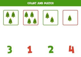 Counting game for kids. Count all Christmas trees and match with numbers. Worksheet for children. vector