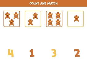 Counting game for kids. Count all gingerbread cookies and match with numbers. Worksheet for children. vector