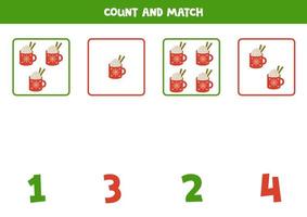 Counting game for kids. Count all cacao cups and match with numbers. Worksheet for children. vector