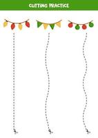 Cutting practice for children with cartoon Christmas lights. vector