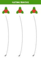Cutting practice for children with cartoon Christmas holly. vector