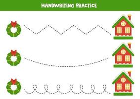 Tracing lines for kids. Cartoon winter house. Writing practice. vector