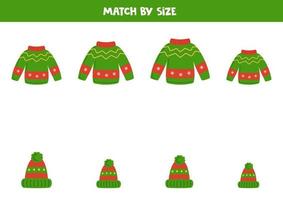 juego de correspondencias para niños en edad preescolar. combine suéteres y sombreros de invierno por tamaño. vector