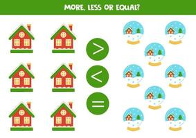 More, less or equal with winter snow globe and winter house. vector