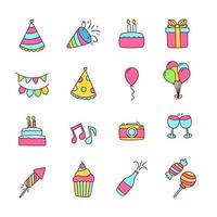 Set of hand-drawn party elements vector illustrations isolated on white background. Party doodle elements with colorful design