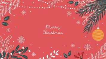 Horizontal Christmas bright red background with Christmas tree branches, rowan trees, red berries. Vector