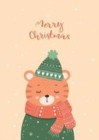 New Year gift card with a tiger in a winter hat and a snowy green hoodie. Vector template