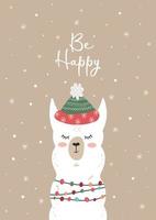New Year gift card with a cute sleeping llama in a festive hat and garland. Vector