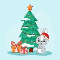 a rabbit or a hare is sitting near the Christmas tree with gifts. The concept of the new year. Symbol of the year. Vector illustration