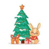 a rabbit or a hare is sitting near the Christmas tree with gifts. The concept of the new year. Symbol of the year. Vector illustration