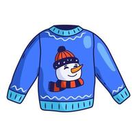 Blue winter sweater with a snowman's head in a hat and scarf in cartoon style. Vector illustration