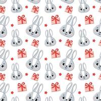 Seamless pattern with rabbit head and gift. Pattern on the fabric. Vector illustration.