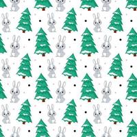 Christmas bunny seamless pattern. Christmas tree and rabbit. Vector Illustration for backgrounds, covers and packaging. Image can be used for greeting cards and textile. Isolated on white background.