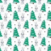 Christmas bunny seamless pattern. Christmas tree and rabbit. Vector Illustration for backgrounds, covers and packaging. Image can be used for greeting cards and textile. Isolated on white background.