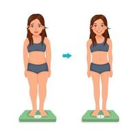 Young woman measuring body weight on the scale before and after weight loss diet program vector