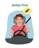 Handsome young man fastening car seat belt before driving for safety first vector