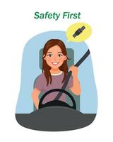 Beautiful young woman fastening car seat belt before driving for safety first vector