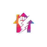 Fist Thunder Power home shape concept Logo Design. Hand hold thunder logo design. vector