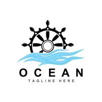 Ship Steering Logo, Ocean Icons Ship Steering Vector With Ocean Waves, Sailboat Anchor And Rope, Company Brand Sailing Design