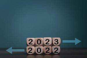 2023 Happy New Year, 2022 and 2023 characters on the wooden block with copy space for text decorate.
