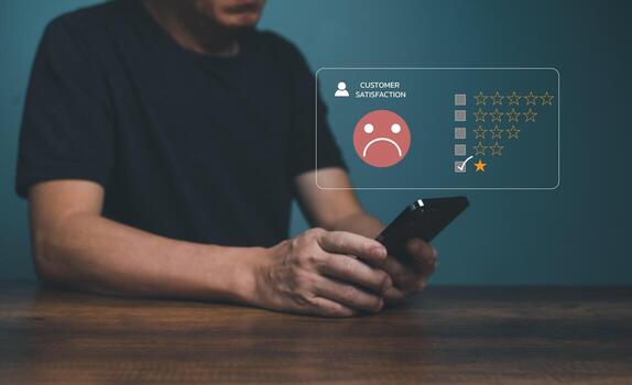 Customer Experience dissatisfied Concept, Client using Mobile Phone with bad service dislike bad quality, low rating feedback with copy space. photo
