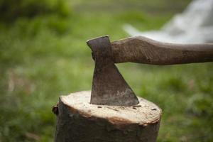 Axe in log. Axe for chopping firewood. Garden tool. photo