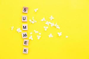 Word summer written from a wooden cubes with letters on yellow background with a petals of a hydrangea flowers photo