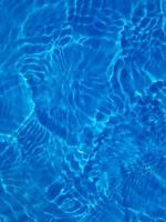 Defocus blurred transparent blue colored clear calm water surface texture with splashes and bubbles. Trendy abstract nature background. Water waves in sunlight with copy space. Blue watercolor shining photo