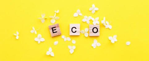 Eco word written from a wooden cubes with letters on yellow background with a petals of a hydrangea flowers photo