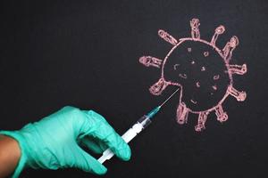 the doctor's hand makes an injection into the coronavirus molecule. The concept of defeating the virus by vaccination. photo