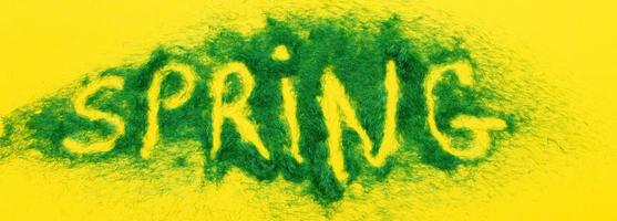 The inscription Spring from decorative green grass on a yellow background. banner photo