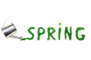 The inscription Spring from decorative green grass on a white background with a watering can photo