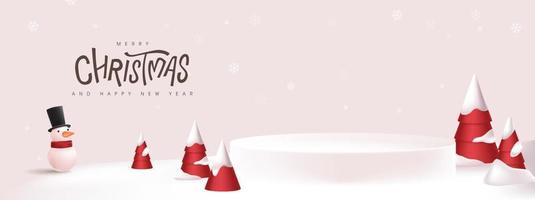 Merry Christmas banner winter landscape background product display cylindrical shape vector