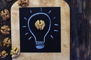 Light bulb with tasty shelled walnut on a wooden background photo
