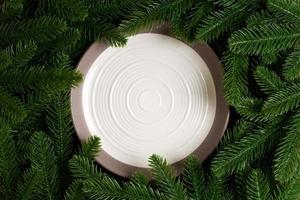 Top view of white plate surrounded with fir tree branches. Christmas dinner concept with copy space photo